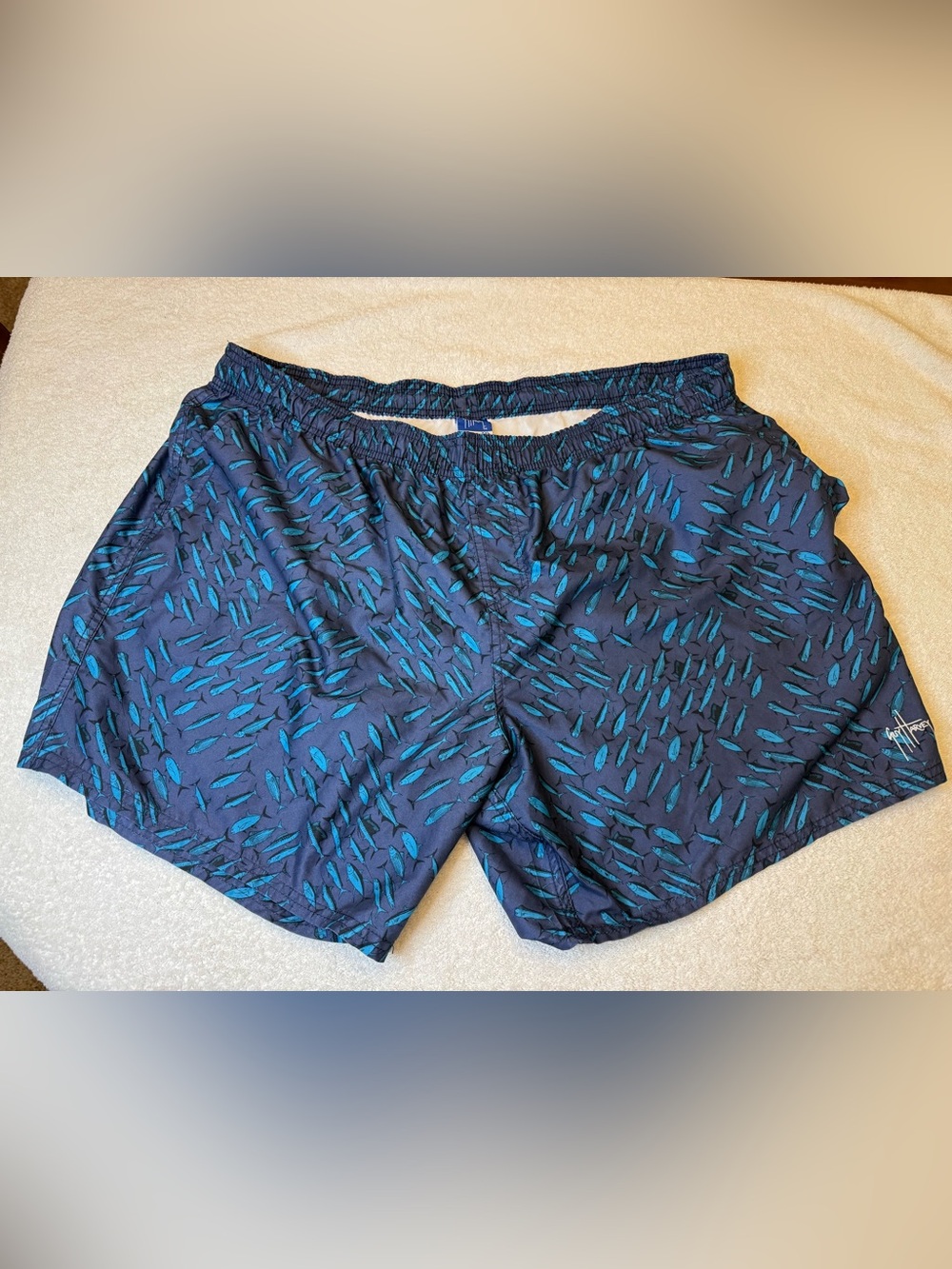 Guy Harvey Fishtrix Swim Trunks Men XXL Navy Blue Teal Baitfish Volley Shorts